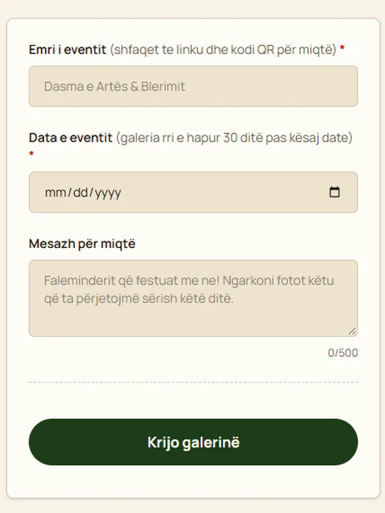 Formulari për krijimin e galerisë